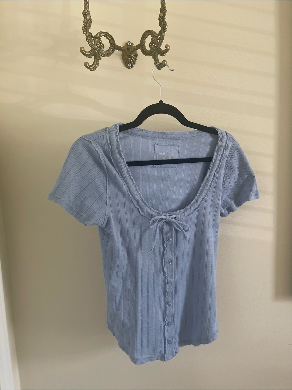 aerie Light Blue Ribbed Button-Front Scoop Top with Tie